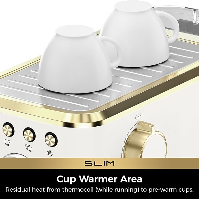 CHULUX Slim Espresso Machine with Milk Frother, 20 Bar Professional Italian Pump Espresso Coffee Machine for Home Cappuccino & Latte Maker, Stainless Steel, White and Gold