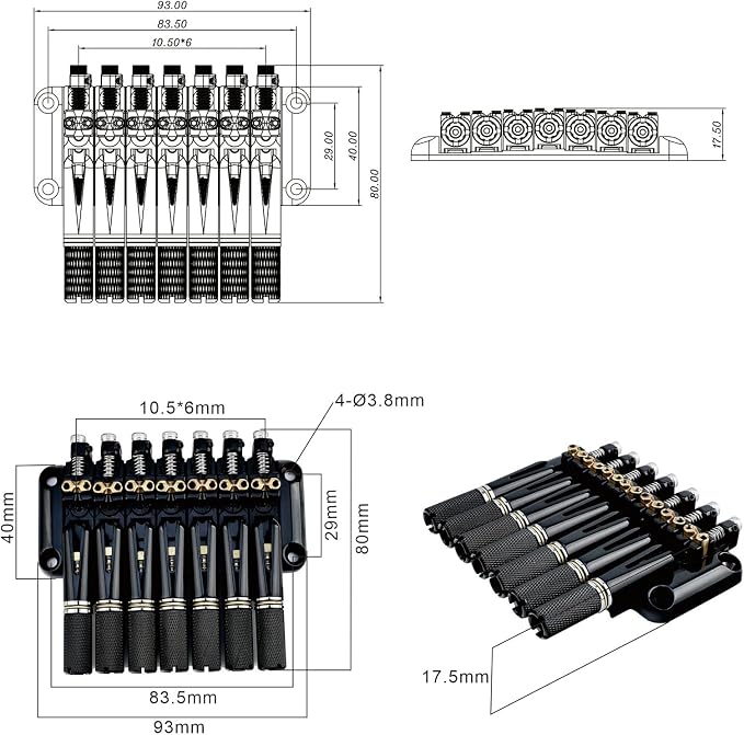 Headless 7-String Guitar Bridge 10.5mm Fixed Bridge -Brass Saddles Zinc Alloy Plate, Stable Intonation，Easy Installation/Adjustment, Fits Most 7-String Headless Guitars Black