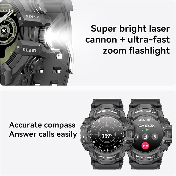 MIDDOW Military Smart Watch with Flashlight (Answer/Make Call) Compass, Heart Rate/Sleep/Sports Tracker, IP68 Waterproof, Long Battery Life, HD Screen, Android & iOS (Black)