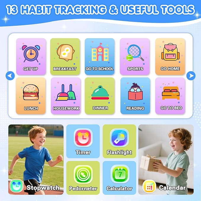 MOFGDNI Smart Watch for Kids with 39 Games Touchscreen Camera Video, Music Player, Pedometer, Calculator, Calendar, Stopwatch, Flashlight, Alarm Clock 12/24 hr, Birthday Gifts Toys for Boys Ages 3-12