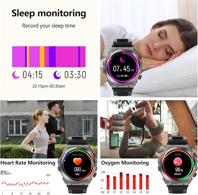 Military Smart Watch,1.52-Inch Smartwatch with Text and Call,24/7Heart Rate Sleep Monitor,Blood Oxygen,and Activity Trackers-Compatible with iPhone and Android,for Men and Women (Black up, 1.52)