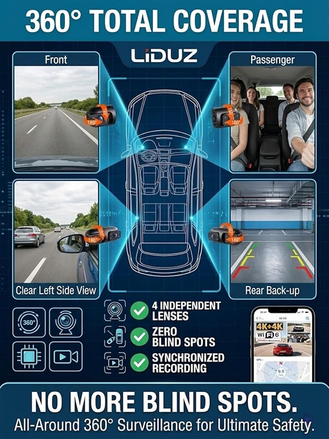 Wireless Dash Cam Front and Rear No Wires, 4K 4-Channel Full View Car Dashcam System, 360 Degree Driving Recorder with Night Vision, Parking Monitor, G-Sensor, Motion Detection