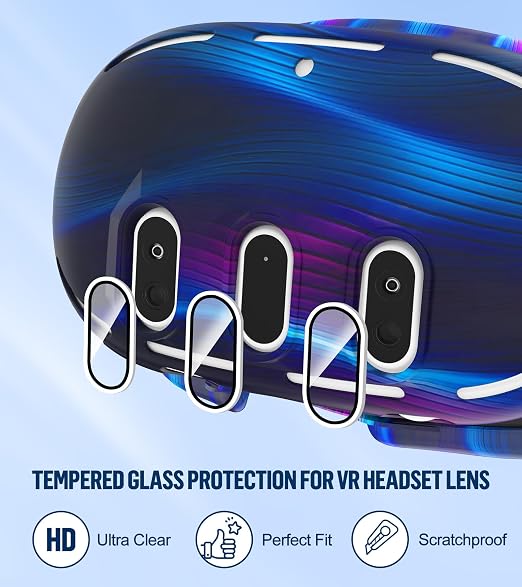 Silicone Cover Set Compatible with Oculus/Meta Quest 3, Touch Controller Grips Cover, VR Shell Cover, Facial Interface Cover, Protective Lens Cover, Tempered Glass Lens Caps (Aurora Blue)