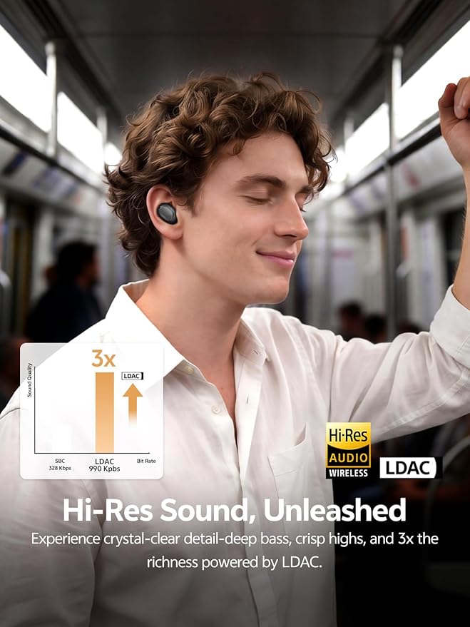 QCY MeloBuds A30 Aadptive Active Noise Cancelling Wireless Earbuds, 8 Mics ENC Clear Call Ear Buds, 60dB ANC Hi-Res Audio Bluetooth 6.0 Headphones, Comfort Lightweight, IPX5 Waterproof Earphone