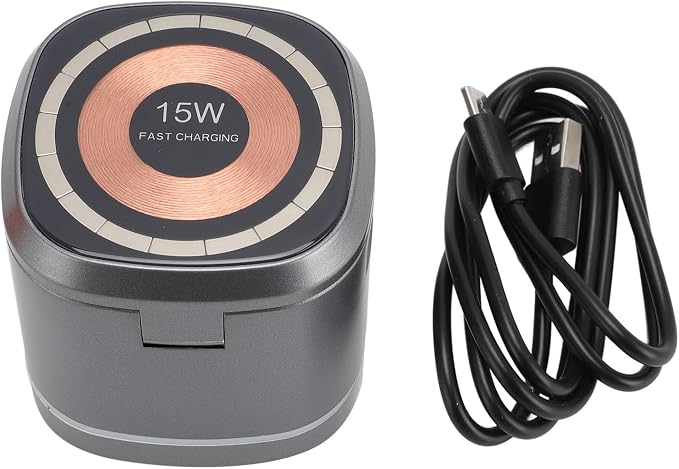 Wireless Charger, 3 in 1 Fast Charging Station 15W Output, Strong Magnetic Alignment, Hidden Earbud Pad for Smartphone, Smartwatch, Earphones