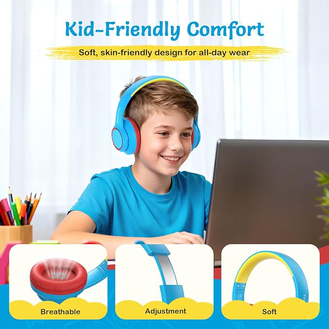 TONOSHARK Kids Bluetooth Headphones with Active Noise Cancelling, Wireless Over-Ear Headphones for Boys Girls, Foldable, Adjustable,for School Trave (Blue red)