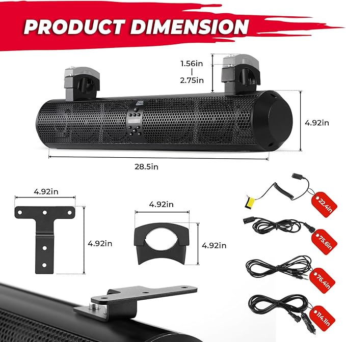KEMIMOTO UTV Sound Bar 28 Inch ATV Soundbar 4X Subwoofers 2X Tweeters Bluetooth Golf Cart Sound Bar Compatible with Polaris RZR Can-Am CFMOTO, Fit for 1.56"- 2.25" Roll Cage w/Golf Cart Mounts