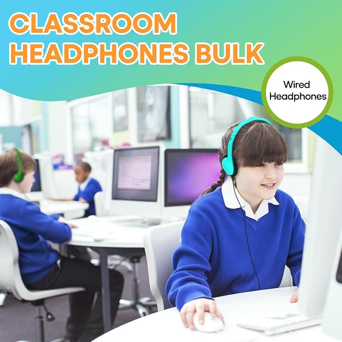 Kids Headphones Bulk 12 Pack for Classroom School Students, Wholesale Multi Color Wired Class Set Headphones for Children Toddler Boys Girls Teen and Adult (HY857, 12 Mixed)