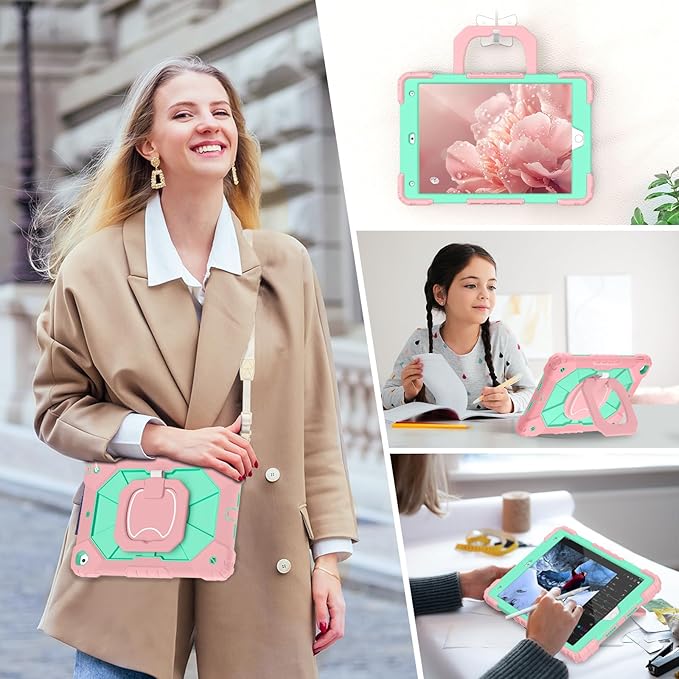 Auizotl Case for iPad 9th/8th/7th Generation 10.2 Inch iPad Case 9th Generation with Screen Protector/Rotate Stand/Pen Holder,Military Grade Shockproof i Pad 9th/8th/7th Gen Cases,Rose Mint