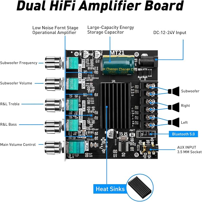 Daakro ZK-MT21 Bluetooth Amplifier Board,50W+50W+100W 2.1 Channel Subwoofer Amp Board with Treble/Bass/Sub Control,DC 9-24V, Bluetooth and AUX Inputs, DIY Wireless Speakers AMP Board, Password Free