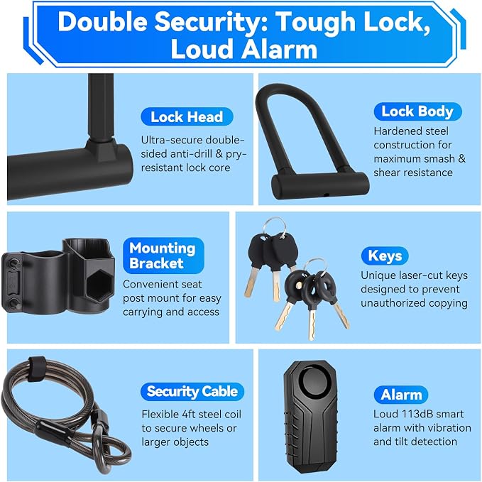 Bike U Lock with 113dB Alarm System, Heavy Duty Bike Lock with 4ft Security Cable & 17mm Shackle Bicycle Lock Mounting Bracket 3 Keys, IP65 Waterproof Anti-Theft U Lock for Electric Bikes, Scooter
