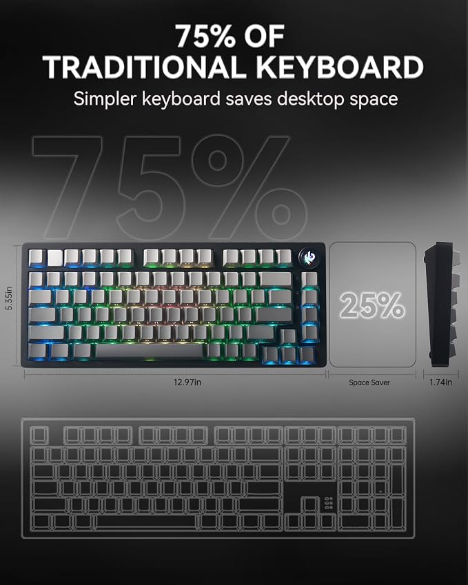 LEOBOG HI75C Pro Mechanical Keyboard,Aluminum Alloy Gaming Keyboard 75% Hot Swappable with Five-Layer Knob, Bluetooth/2.4GHz/USB-C Wireless Keyboards for Windows/MAC/iOS/Android - Reaper Switch, Grey