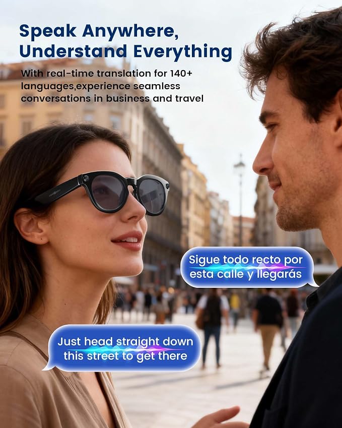 AI Smart Glasses with 8MP Camera, Continuous 12-Min 1200P Video Recording, Real-Time Translation & Voice Assistant, Open-Ear Bluetooth Audio for Vlogging, Travel & Meetings