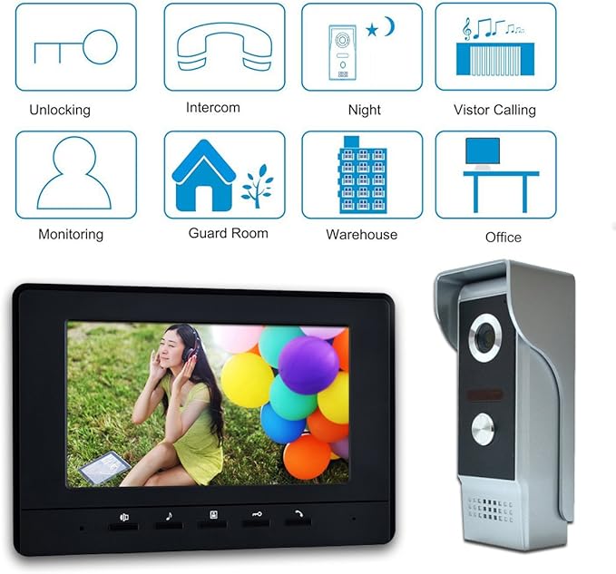 Wired Video Intercom System, 7 Inch Video Doorbell Door Camera Kit | Dual-way Intercom, Door Monitoring, HD Camera with Monitor Unlock, Night Vision, Waterproof for Villa Home Office Apartment
