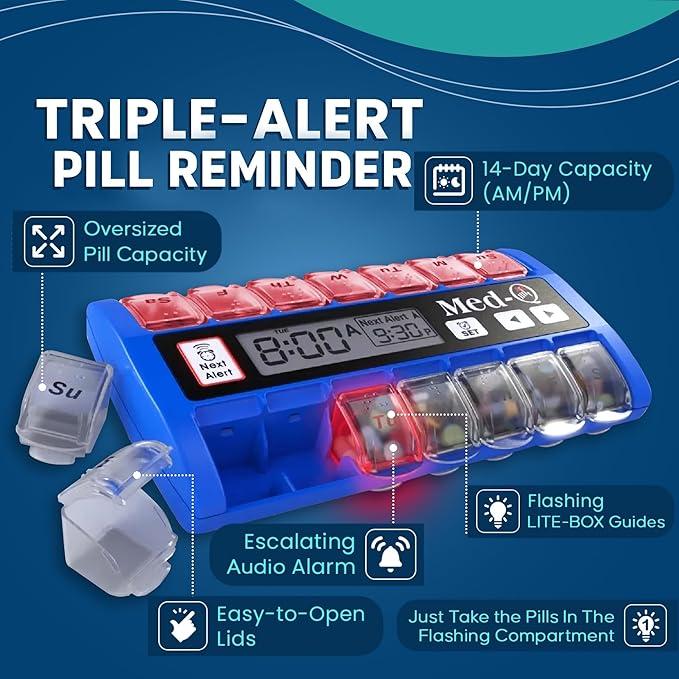 Med-Q Weekly Pill Organizer with Alarms | Automatic Electronic Pill Box with AM/PM Compartments, Flashing Light, Sound Alerts | Dual Color Combo 2 User | Medication Reminder for Seniors - Blue/White