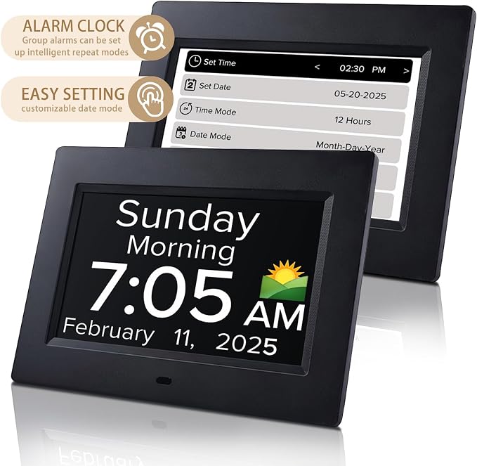 Digital Alarm Clock with Date and Day of the Week for Dementia Seniors, Multiple Alarm Types Sets,Voice Announcement Time, Auto DST, Gifts for Elderly People with Dementia & Alzheimers