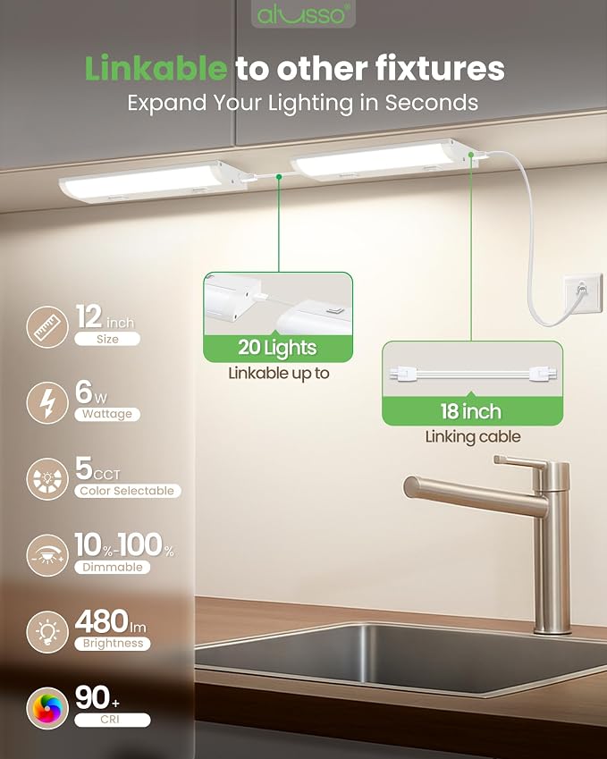 ALUSSO 12 Inch LED Under Cabinet Lighting Plug in 120V, 5CCT Color Selectable 2700K-5000K Dimmable 6W 480LM High Brightness, CRI 90+ Strip Linkable Under Counter Lights for Kitchen Sink, 1 Pack