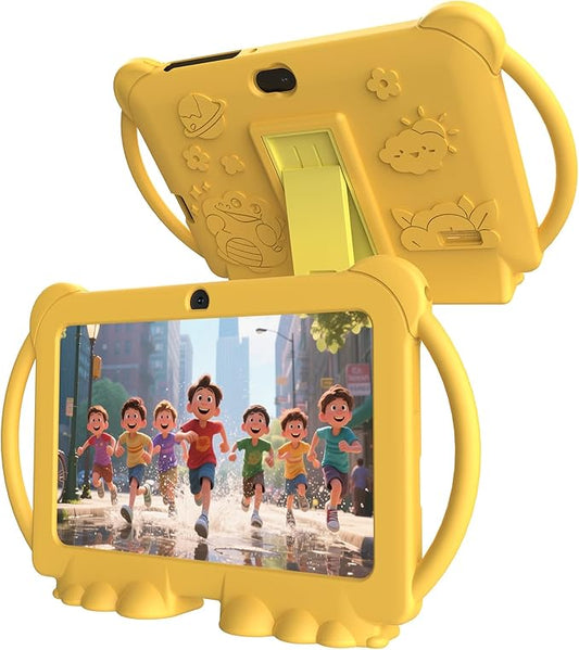 PEICHENG Kids Tablet 7 inch Android 12.0 for Toddler, 4GB RAM 32GB ROM Bluetooth IPS Screen Parental Control Dual Camera Shockproof Case for Educational Games (Yellow)