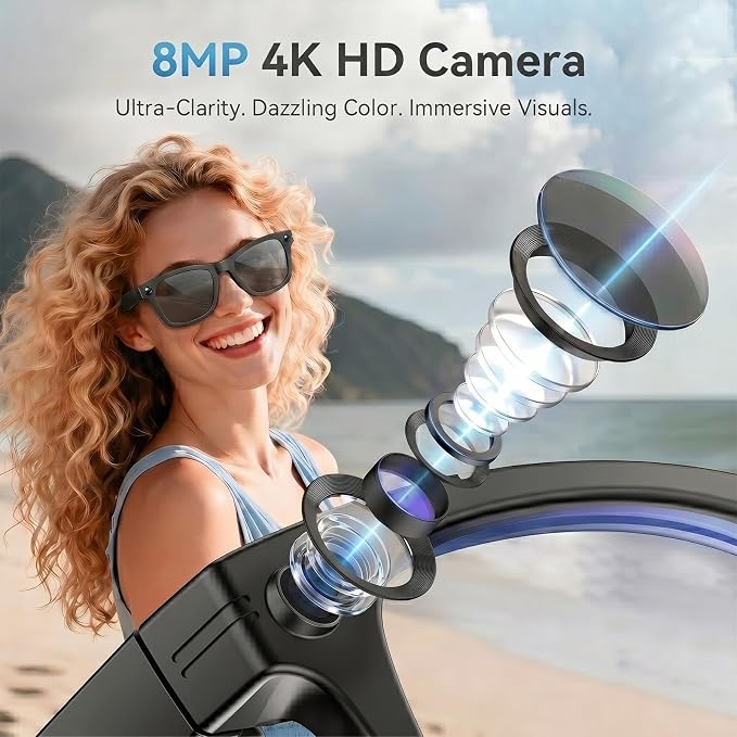 AI Smart Glasses with Camera and Bluetooth,8MP 2K HD Camera Glasses,AI Voice Control,AI Photo Recognition and Translation,Smart Anti-Blue Light Glasses,IP67 Waterproof for Driving,Outdoor,+2 Lenses.