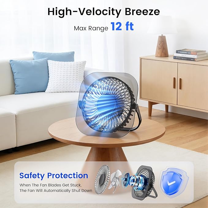 Electactic Desktop Fan with LED Night Light, 3 Adjustable Wind Speeds, Foldable & Adjustable Angle, USB Powered Ultra Quiet Personal Fan, Compact ABS Portable Cooling Fan for Home Office Bedroom Desk