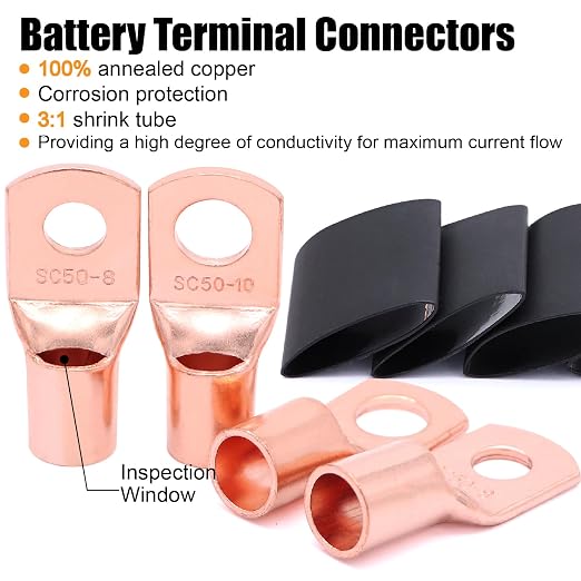 AWG 0 Gauge Wire (20Feet Black+20Feet Red) Copper Clad Aluminum,0 Gauge Battery Cable Wire Power Ground Cable,20pcs Lugs Terminal Connectors,Heat Shrink Tubing Suitable for Indoors,Outdoors,RV,Car