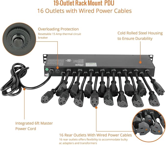 Tecmojo 1U Rack Mount 19 Outlet PDU Power Distribution Unit Circuit Breaker fits 19-inch AV/Network/Server Cabinet/Closet/Enclosure