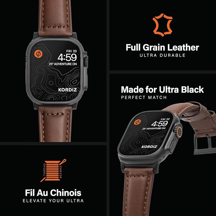 KORDIZ Traditional Leather Band for Apple Watch ULTRA 3, ULTRA 2/1 & Series 11, 10, 9, 8, 7-1, SE3, SE2, SE - Genuine Full Grain Leather Wristband - Men Women Replacement Band for iWatch Apple Watch [ 49mm 46mm 45mm 44mm ]