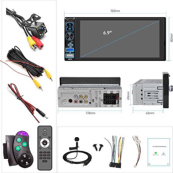 Single DIN Car Stereo Radio with Wireless Apple CarPlay & Android Auto, 6.9" IPS 1280x600 Touchscreen, Bluetooth 5.2, FM Radio, Backup Camera, 1 DIN Head Unit, 180W Subwoofer Out, Type-C Fast Charging