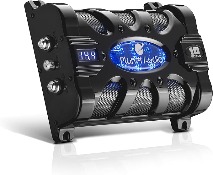 Planet Audio PC10F Car Capacitor - 10 Farad, Energy Storage, Enhance Bass from Stereo, Warning Tones, LED Voltage Meter