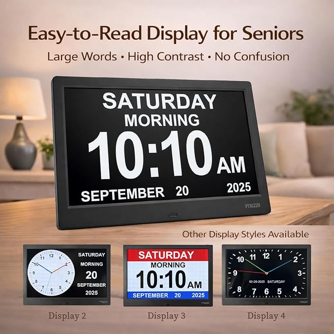 11.5'' Dementia Clocks for Seniors Extra Large, Senior Clocks with Day Date and Time, 20 Alarm Reminders, Easy-to-Read, Simple Setup, Plug-in, DST