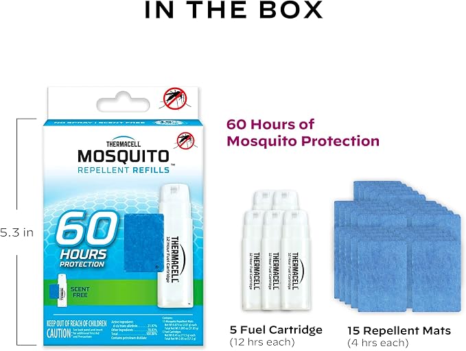 Thermacell Mosquito Repellent Refills, 60-Hour Pack; Contains 15 Repellent Mats, 5 Fuel Cartridges; Compatible with Any Fuel-Powered Thermacell Product; No Spray, Scent, Mess