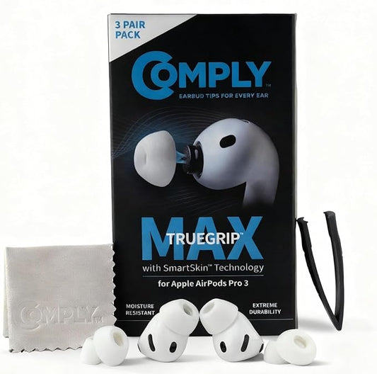 Comply TrueGrip MAX | Premium Memory Foam Replacement Earbud Tips for Apple AirPods Pro Gen 3 | Long Lasting Comfort, MAX Durability, Secure Fit, Superior Noise Isolation| White (S/M/L) (3 Pairs)