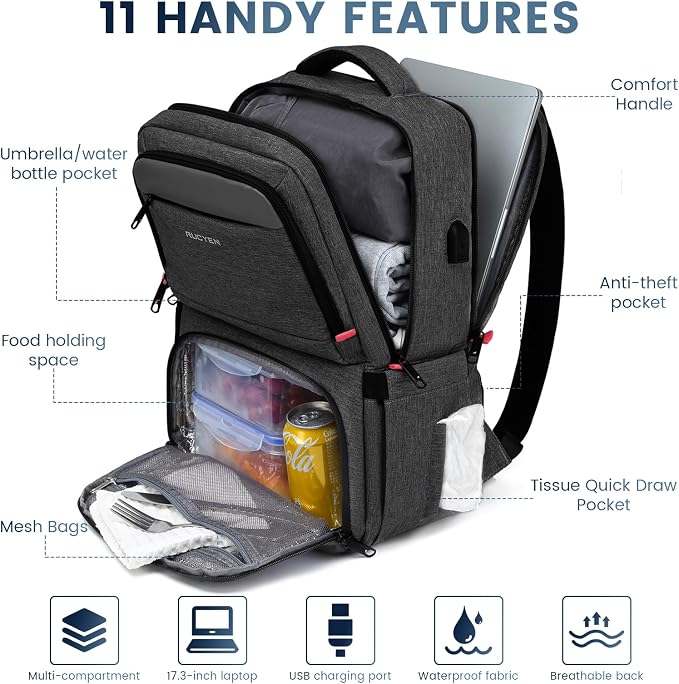 RUCYEN Lunch Backpack, 17.3 Inch Large Lunch Backpack Insulated Cooler Bag Travel Laptop Backpack with USB Port for Men Women, RFID Blocking for Work Picnics Black
