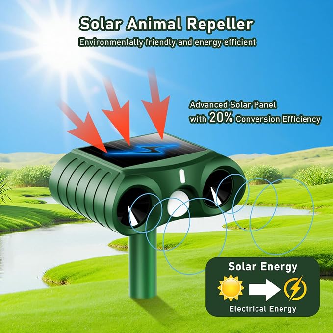 2026 Upgraded Solar Ultrasonic Animal Repellent Outdoor,Deer Repellent Devices Waterproof,Motion Activated Cat Repellent Outdoor,Squirrel Raccoon Skunk Rabbit Dog Bird Deterrents for Yard -2 Pack