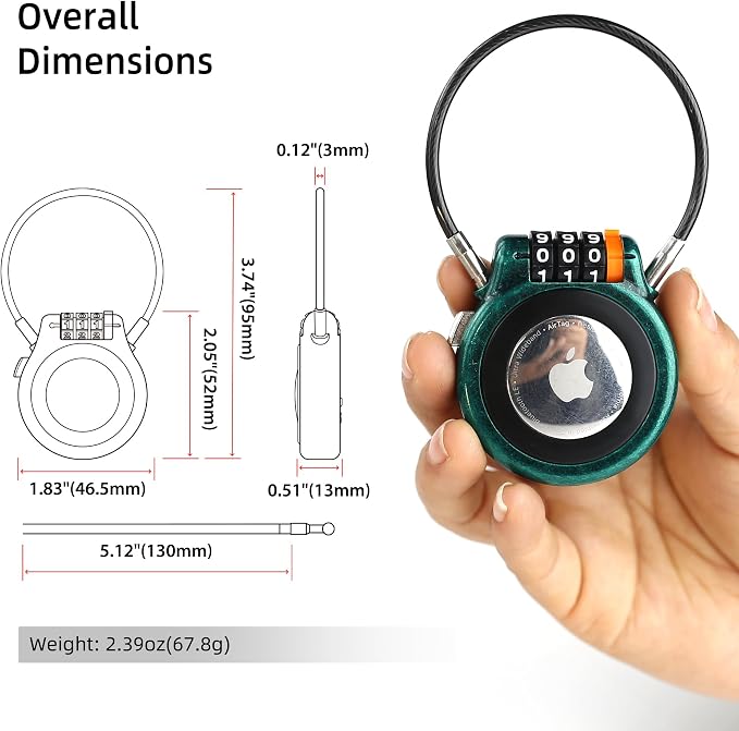 Combination Lock AirTag Holder Compatible with Apple Air Tag, Metal AirTag Case with Steel Cable, Tracker Tag Holder for Luggage Tracking Suitcase Backpack Vehicles Ski Gear Anti Lost