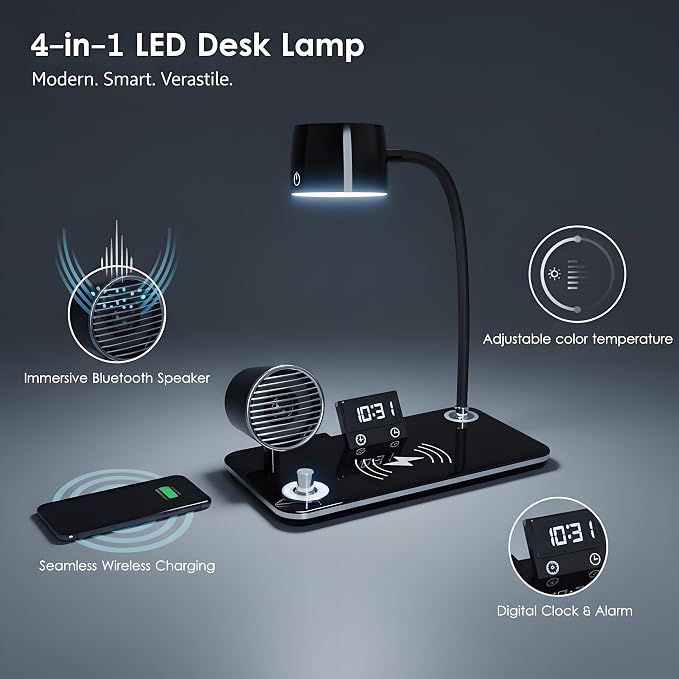 LED Desk Lamp for Home Office, 4-in-1 Modern Desk Light with 15W Wireless Charger, Bluetooth Speaker & Digital Clock, 3 Color Modes Eye-Caring Study Reading Lamp, Flexible Gooseneck, Black