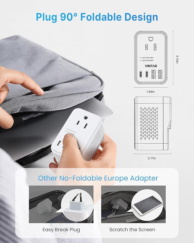 220V to 110V Travel Voltage Converter US to Europe, VINTAR 2000W Foldable European Travel Plug Adapter with 4 USB (2 USB C), Converter for European Travel for Hair Dryer Straightener Curling Iron