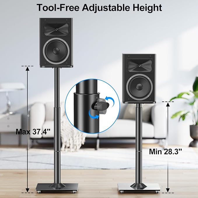 MOUNTUP Universal Speaker Stands Pair, 28.3" to 37.4" Height Adjustable Floor Speaker Stands, Holds Bookshelf & Large Satellite Studio Speakers, Cable Concealing, 22LBS Capacity, 9.8" Plate, Black