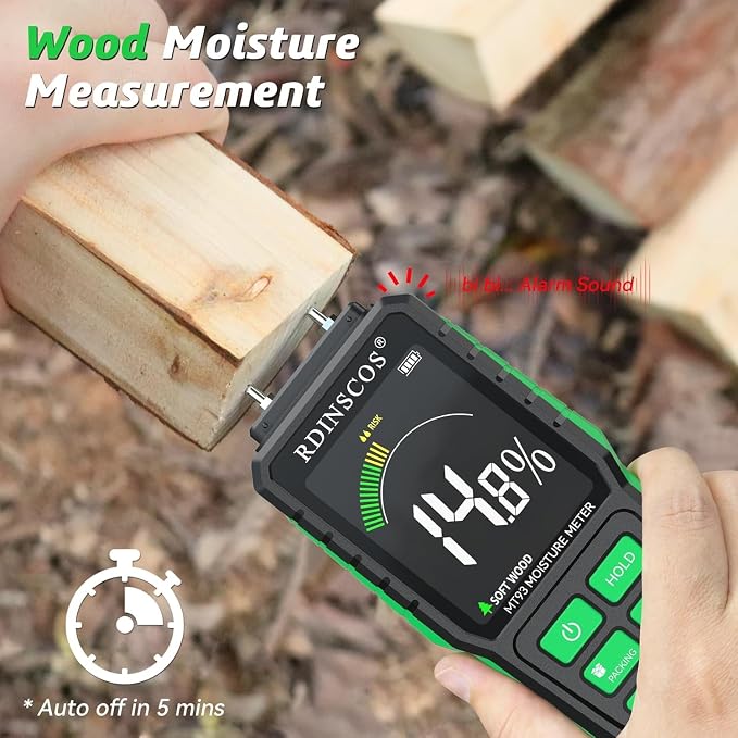 RDINSCOS Rechargeable Moisture Meter for Wood, Walls & Hardwood | Pin-Type Digital Moisture Tester, Large Color Display, Automatic Alarm, Calibration & HOLD Function for Firewood,Lumber