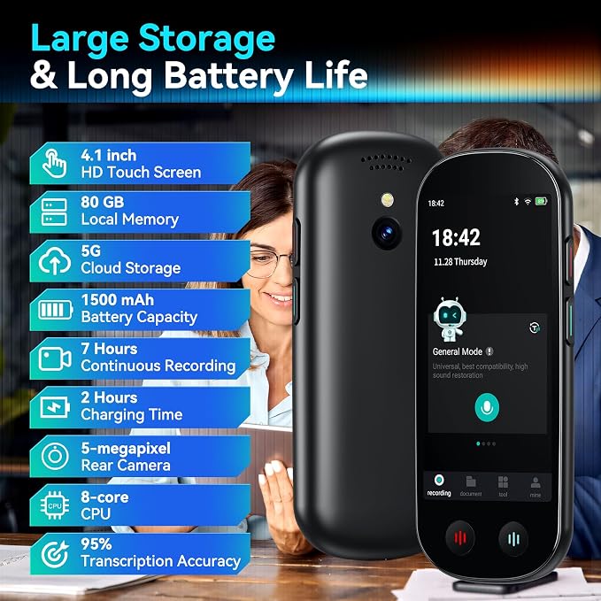 AI Voice Recorder with Playback, Digital Voice Recorder with Unlimited Transcription, Summary, Translation, 80GB Voice to Text Meeting Recorder and Transcriber, AI Recorder for Lectures, Interviews