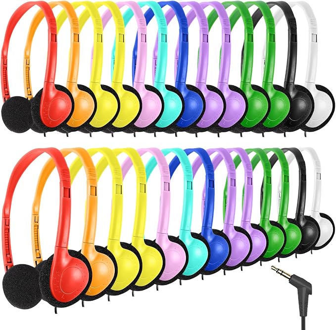 Bulk Class Set Headphones 30 Pack for Classroom Students Kids，Adjustable School Earphones On Ear with 3.5mm Jack for Teachers Children Toddler Boys Girls Teens Adult(GS857, Mixed)