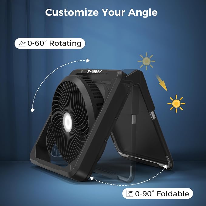 PANERGY Solar Powered Fan, Rechargeable Battery Fan with Detachable Solar Panel, 3 Speeds Portable Camping Fan with Light & Timer, 90°Tilt Desk Fan Strong Airflow for Garage RV Travel Hurricane Outage