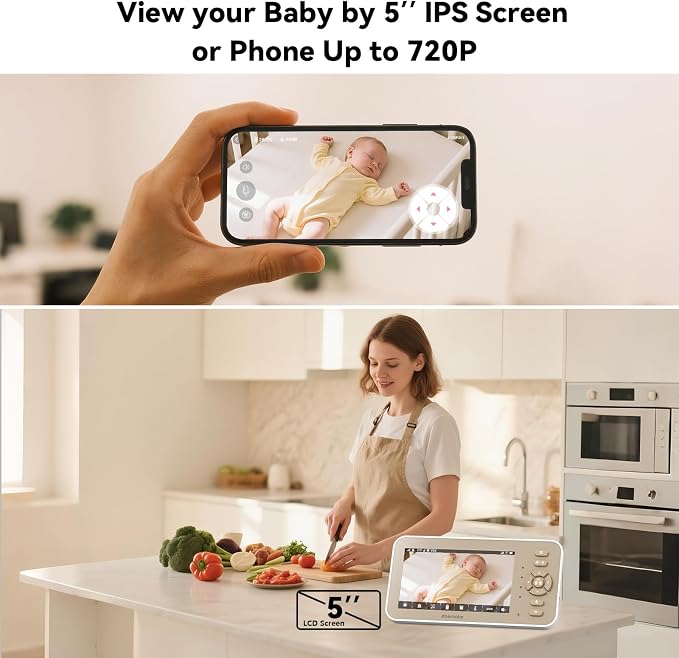 ebemate Video Baby Monitor with Camera and Audio, 5" IPS Screen, 30H Battery, Hybrid WiFi and No WiFi Connection, Pan-Tilt-Zoom, Night Vision, 2-Way Talk, 1500ft, for New Parents/Elderly EBE50P