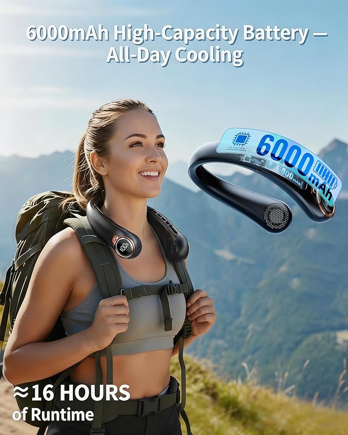 BNBZ Portable Neck Fan, 6000mAh Rechargeable Fan Blows Cold Air with LED Display, 4 Speeds, 20H Runtime, Quiet Wearable 360° Personal Cooling Fan for Outdoor Travel Work Gym,Fireplace Fans