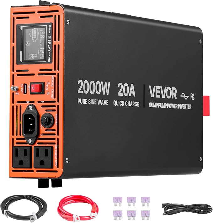 VEVOR 2000W Sump Pump Battery Backup System, LCD Display, Auto Switches to Battery Inverter Power for Sump Pump, Pure Sine Wave, for Basement Protection Emergency and Power Outage, Battery Not Include