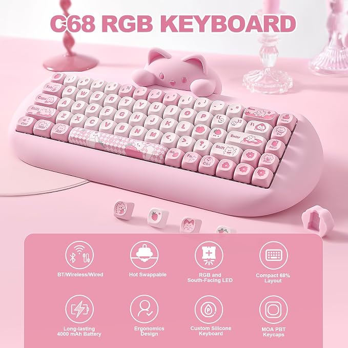 YUNZII C68 Wireless Mechanical Keyboard,65% Layout,Hot Swap,Triple Mode BT5.0/2.4G/Wired, RGB Backlit NKRO,Cute Cat Silicone Ergonomic Design for Win/Mac(Pink, Cocoa Cream V2 Switch)