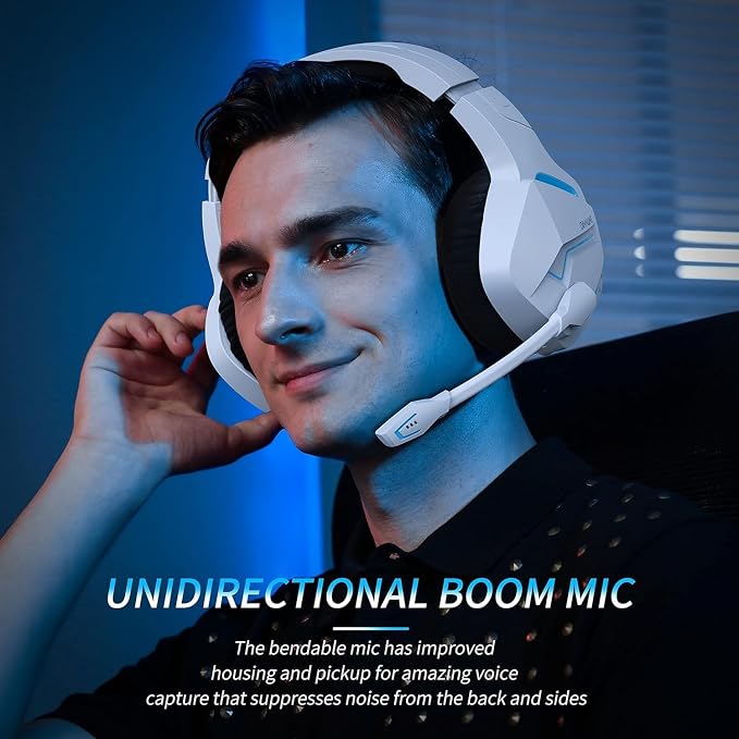 BINNUNE Wireless Gaming Headset for PS5 PC, 120H Ultra-Long Battery, 2.4GHz & Bluetooth 5.3 Wireless Headphones with Noise Canceling Mic, 50mm Drivers, Comfort Over Ear Gaming Headphones,White