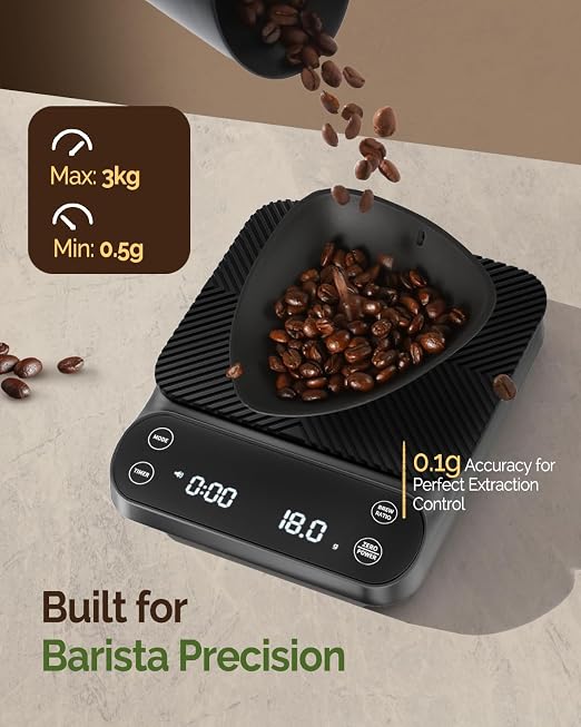 Maestri House S3 Coffee Scale with Timer, 3kg/0.1g Rechargeable Pour Over Coffee Scale, 3 Brew Modes, Adjustable Brew Ratios & Flow Rate Display, Scale for Pour Over, Espresso & French Press-Grey
