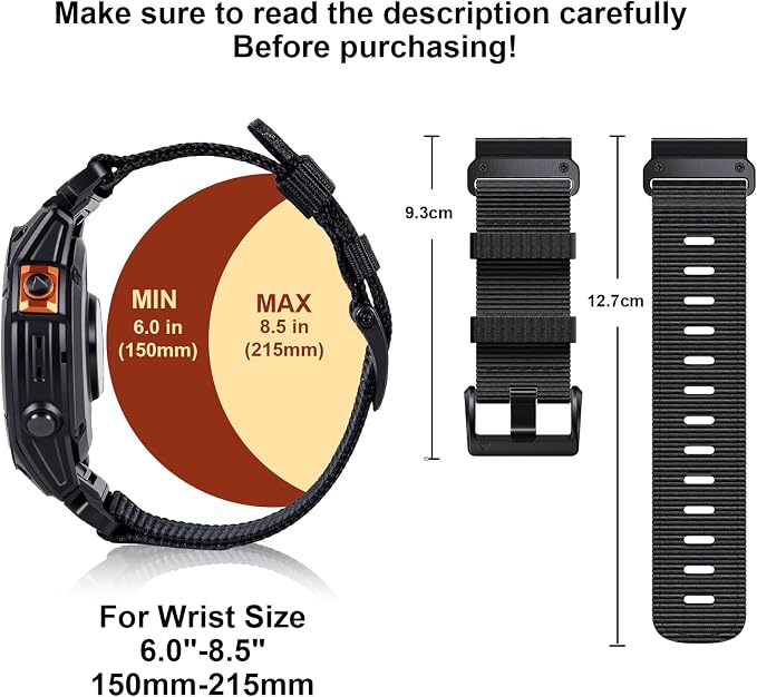 26mm Adjustable Nylon Watch Band for Garmin Fenix 7x Fenix 8 51mm Epix Pro 51mm Strap, Quick-Fit 26mm for Fenix 5x plus & Tactix 7 pro Bands, for Instinct 2X Watch Band Replacement (Black - Silver Buckle, 26mm)