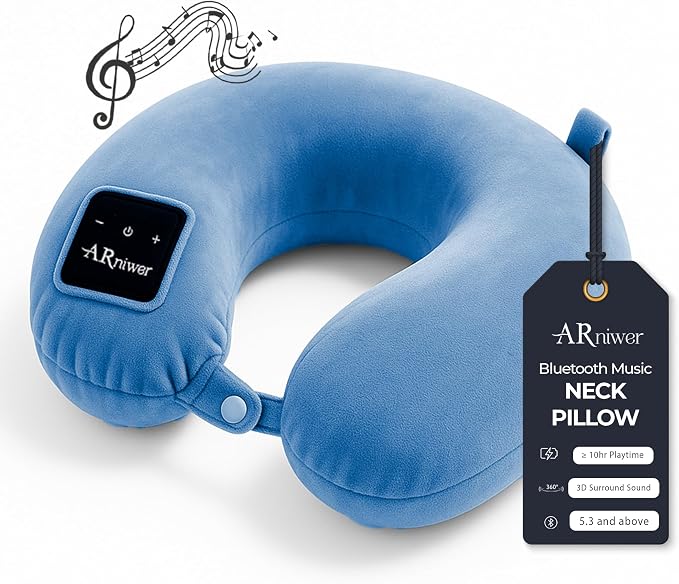 Bluetooth Music U Shaped Neck Pillow Wireless Bluetooth Speaker Memory Foam Suitable Airplane,Bus,Train,Car,Office,and Outdoor Camping The Best Travel Essentials. (Light Blue)